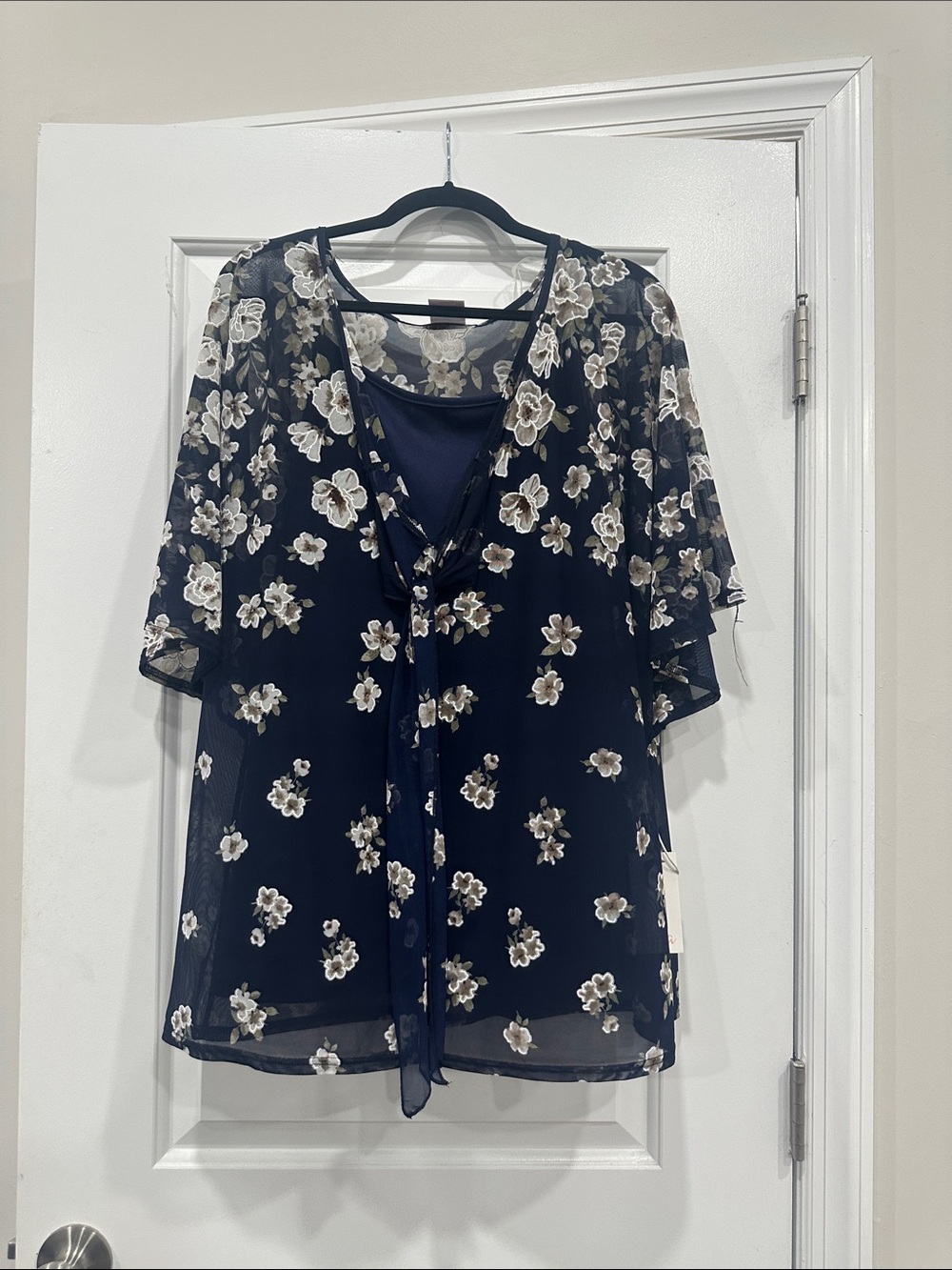 Floral Tie-Front Navy Sheer Blouse